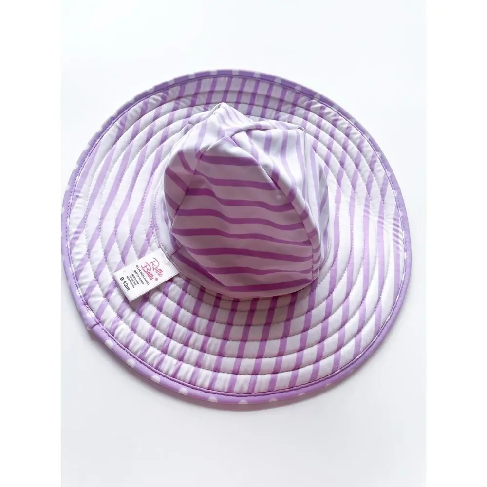 Baby Girl's Ruffle Butts Purple and White Wide Brimmed Beach or Pool Hat 0-12mo.